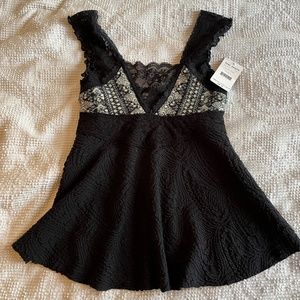 Free People Mixed Media Flared Black Sleeveless Blouse -Lace and Knit Size M NWT